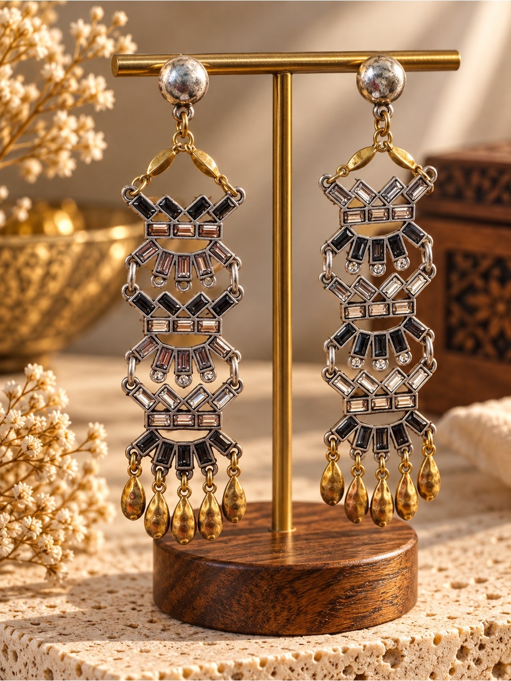 Artisan Multi-Tier Beaded Drop Earrings - Black and Gold